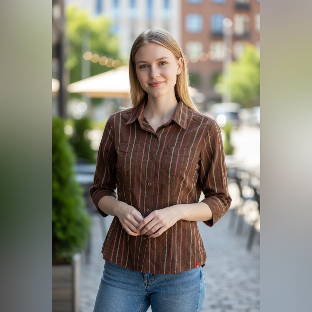 The North Face Button Down Women Medium Brown NWOT Striped Hiking Roll Tab Shirt
